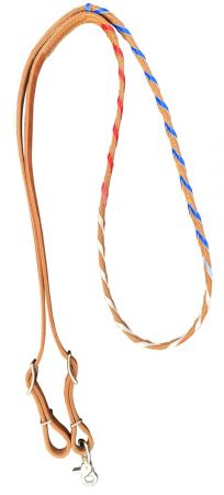 Showman Argentina cow leather Contest reins with Red, White, and Blue braiding